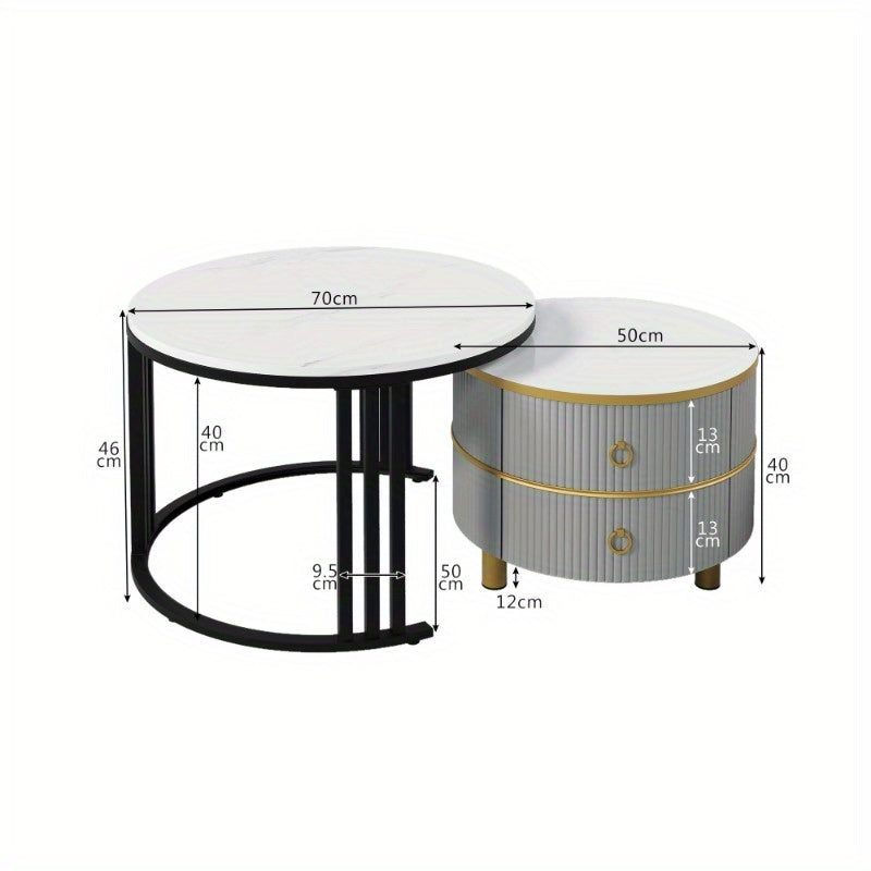Bijzettafel – Salontafel – Nachttafel – Tafeltje – Lounge Tafel – Grijs met Wit Marmeren Blad – Set van 2 Met Laden – Nestbaar – 70x70x46 & 50x50x40 cm