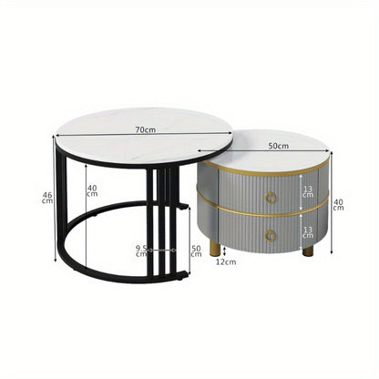 Bijzettafel – Salontafel – Nachttafel – Tafeltje – Lounge Tafel – Grijs met Wit Marmeren Blad – Set van 2 Met Laden – Nestbaar – 70x70x46 & 50x50x40 cm