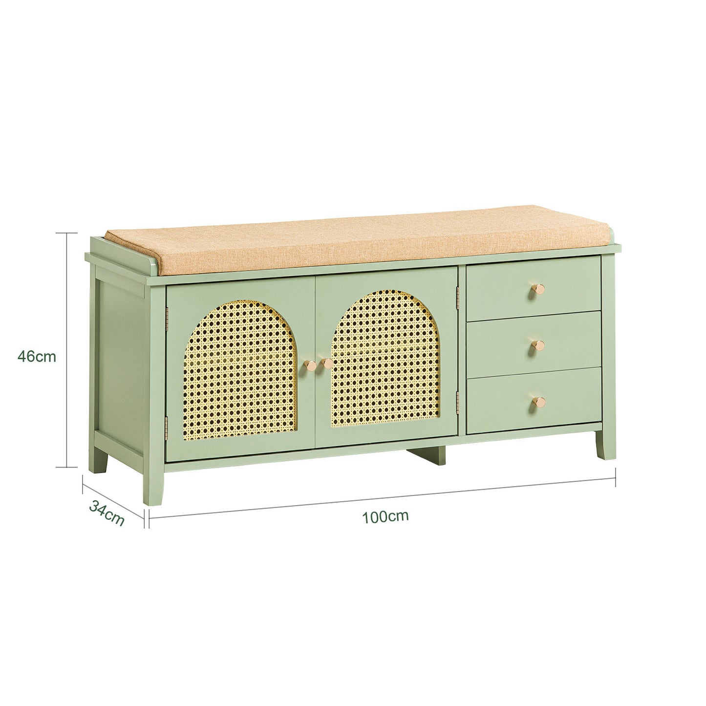 Schoenenkastje – Schoenenbank – Schoenenopberger – Schoenenrek – Schoenmeubel – 3 Lades en Geventileerde Mesh Deuren – Comfortabel Zitkussen, 150 kg Belastbaar, 100x34x46 cm – Groen