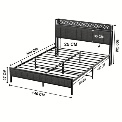 Metalen Bedframe – Stalen Bedframe – Gestoffeerd Bedframe – Tweepersoonsbed – Slaapkamer Bed – 140x200 cm – Hoofdbord Met Stofbekleding – Lattenbodem Zonder Boxspring