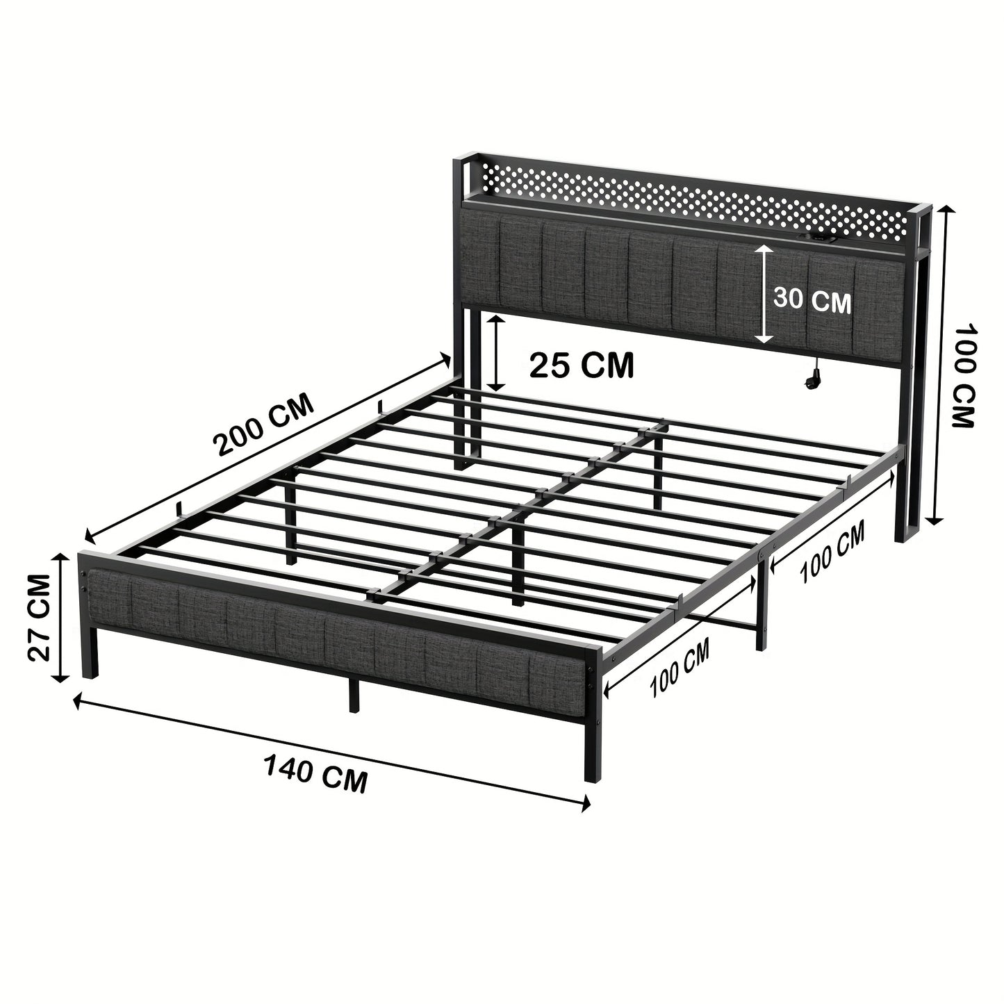 Metal Bed Frame 140 X 200cm, 90 X 200cm, Upholstered Bed Frame with Height Headboard Fabric Bed with Slatted Frame Stable Bed Frame Padded Bed, No Box Spring Required, Metal Bed, Guest Bed, Double Bed Made Of Metal, Easy Asse