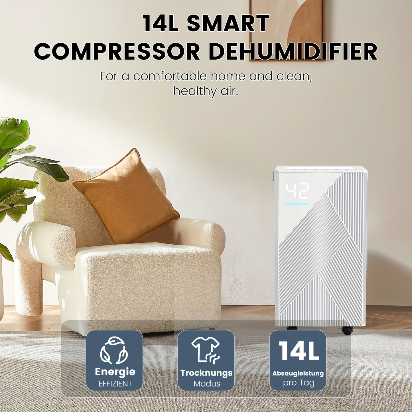 Luchtontvochtiger – Vochtvreter – Dehumidifier – Vochtverwijderaar – Wasdroger – 14L per Dag – Wi-Fi App Bedienbaar – Stil & Energiezuinig