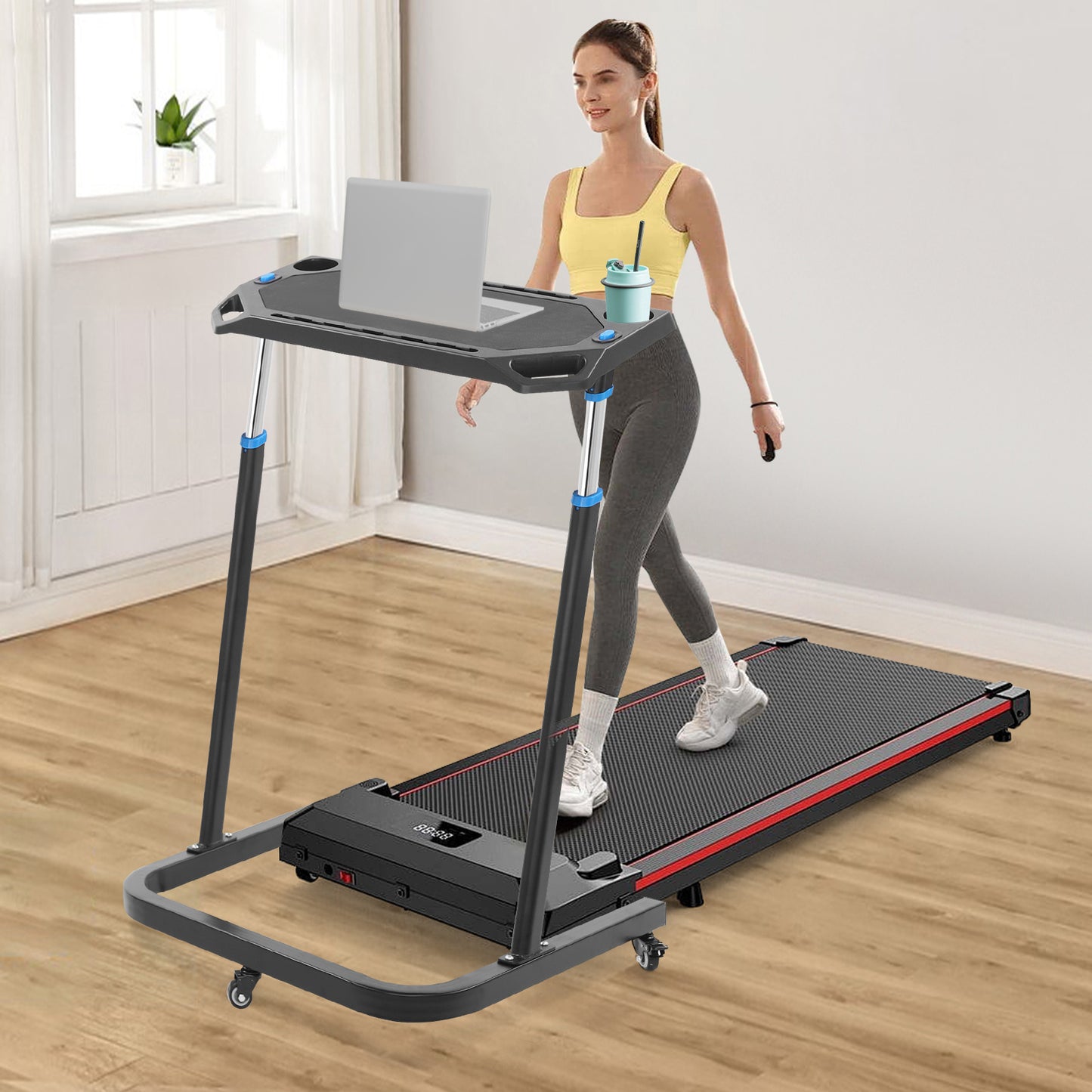 Fietstrainer Bureau – Verstelbaar Fietsbureau – Indoor Bike Desk – Hometrainer Tafel – Workout Bureau – RVS Stalen Frame – Verstelbare Hoogte en Lockbare Wielen – Antislip Oppervlak – Compact en Mobiel – Zwart