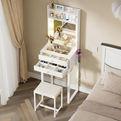 Make-uptafel – Kaptafel – Schminktisch – Make-up Desk – Make-up Bureau – Verlichte Spiegel – Glazen Bovenblad – Compact 55x40x152 cm – Wit