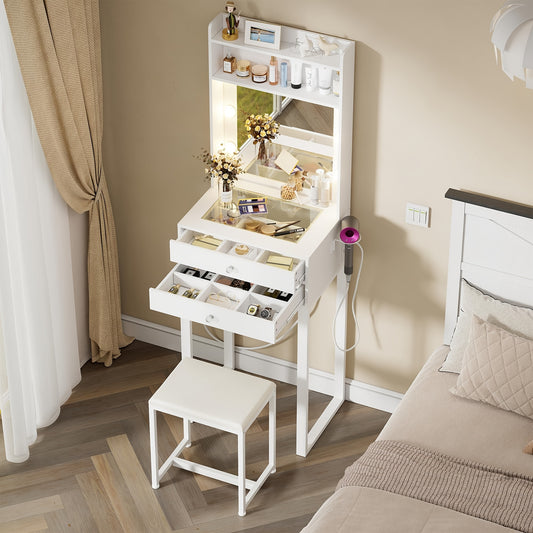 Make-uptafel – Kaptafel – Schminktisch – Make-up Desk – Make-up Bureau – Verlichte Spiegel – Glazen Bovenblad – Compact 55x40x152 cm – Wit