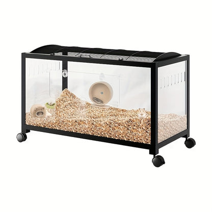 360° View Transparent Hamster Cage - with Front Door & Ventilated Roof, Clear Viewing Habitat, Heavy-Duty Construction, Cage with Wheels for Hamsters, Rats, Guinea Pigs - Easy-Clean Small Pet House, Mobile Animal Enclosure