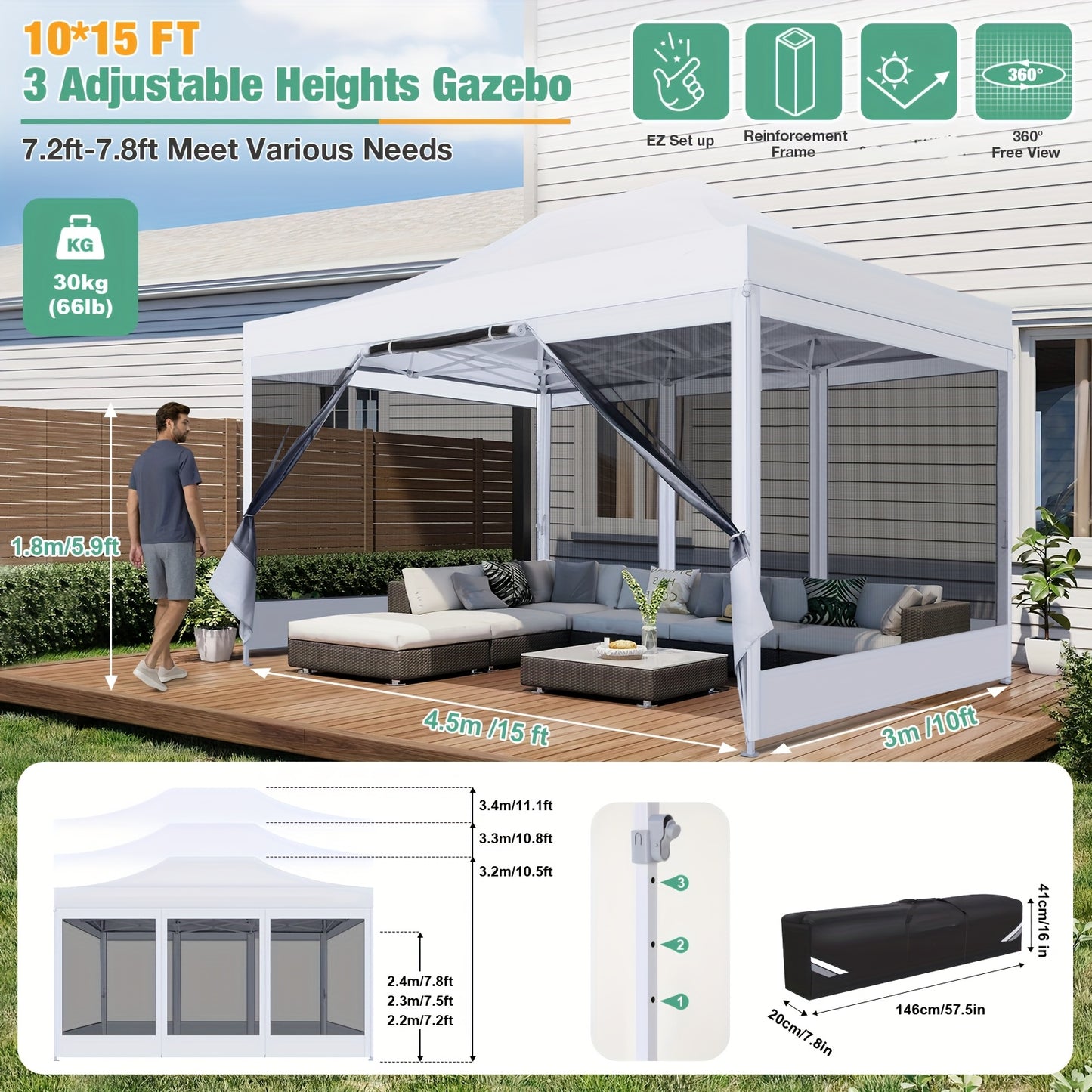 Partytent – Paviljoen – Opvouwbare Tent – Feesttent – Tuintent – 3x4,5 meter – Vier Afneembare Muskietennetwanden – Ademend Wit Doek