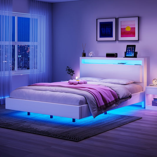 Zwevend Bedframe – Modern Bedframe – Platformbed – Led Bed – Gestoffeerd Bed – Queen Size – Usb Led Verlichting – PU Hoofdsteun