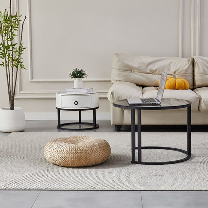 Salontafelset – Salontafels – Bijzettafels – Nesting Tafels – Woonkamertafelset – Glas en keramiek marmerlook – Met leren lade – 60 & 45 cm – Zwart Wit – Modern design – Duurzaam materiaal