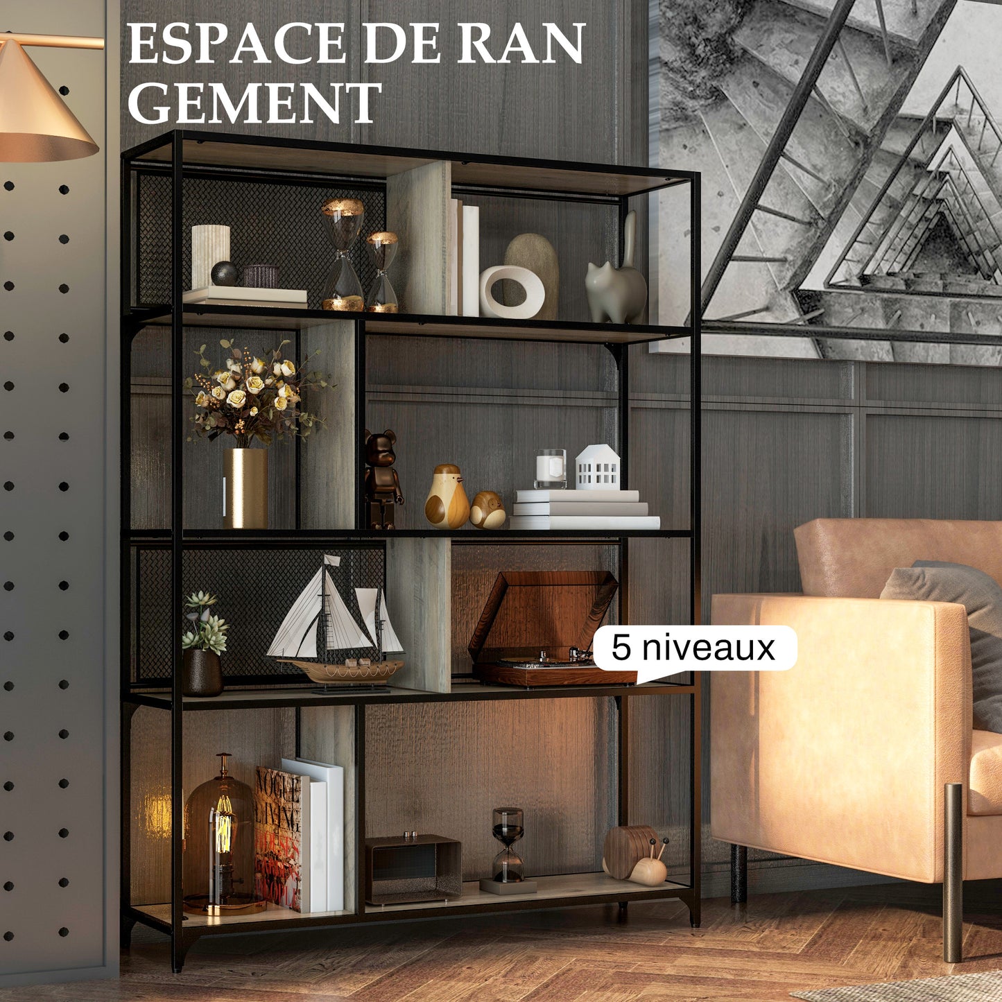 Boekenkast – Vakkenkast – Opbergkast – Rek – Kast – Industrieel Stalen Frame – 5 Lade Niveaus – 120x30x161 cm Grijs-Zwart