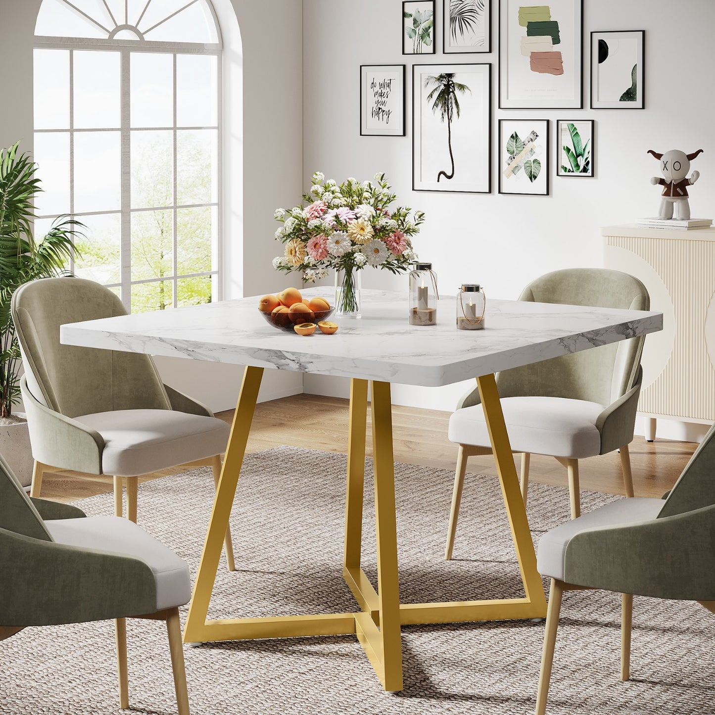 Vierkante Eettafel – Tafel – Eetkamertafel – Compacte Tafel – Keukentafel – Wit Gouden Marmerlook – 80x80 cm – Stabiel Metalen Onderstel