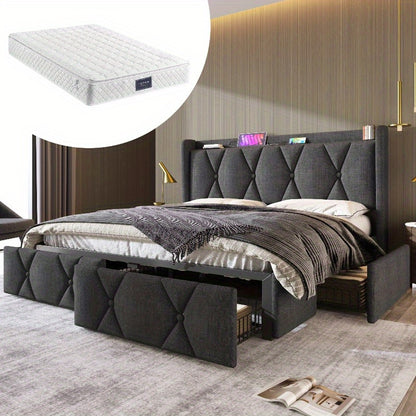 Bedframe 140x200 – Tweepersoonsbed – Opbergbed – Gestoffeerd Bed – Lattenbodem – Grijs – Met Opberglades en Hoofdeinde – Inclusief Matras en Houten Latten