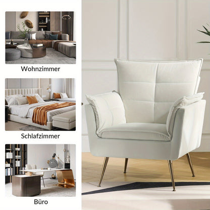 Zetel – Fauteuil – Leunstoel – Lounge Stoel – Armstoel – Modern Velvet – Gouden Metalen Poten – Comfortabele Dikke Zitting – Ivoorkleurig