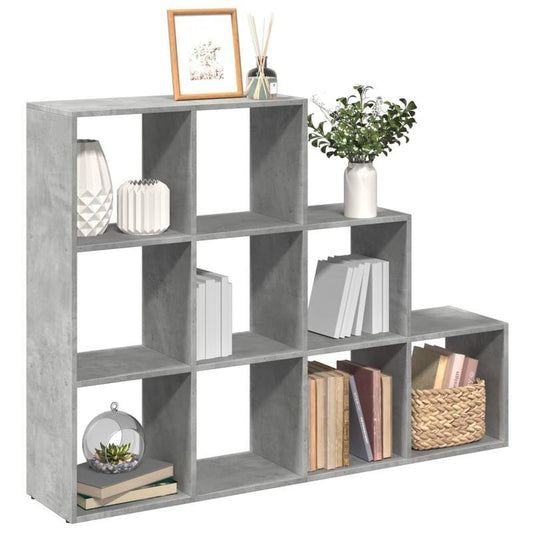 Roomdivider – Kamerscherm – Scheidingswand – Ruimteverdeler – Boekenkast – Betongrijs – 3 Niveaus – MDF en Hout