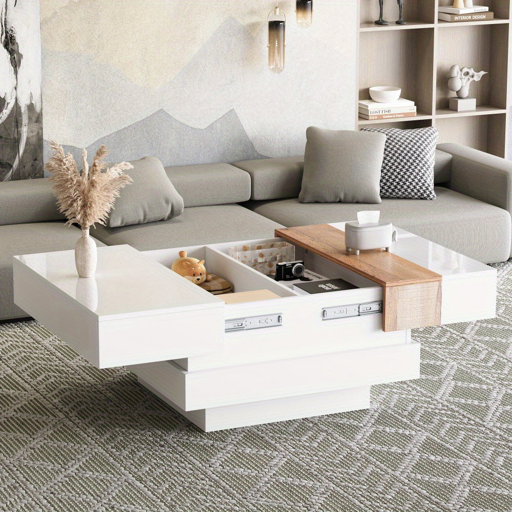 Modern White Metal Coffee Table with Extendable Top & Hidden Storage Shelves - 70x70x39cm, High-Gloss Finish, Square Design for Living Room, Bedroom, Office - Space-Saving Side Table with Drawers, Coffee Table for Living Room