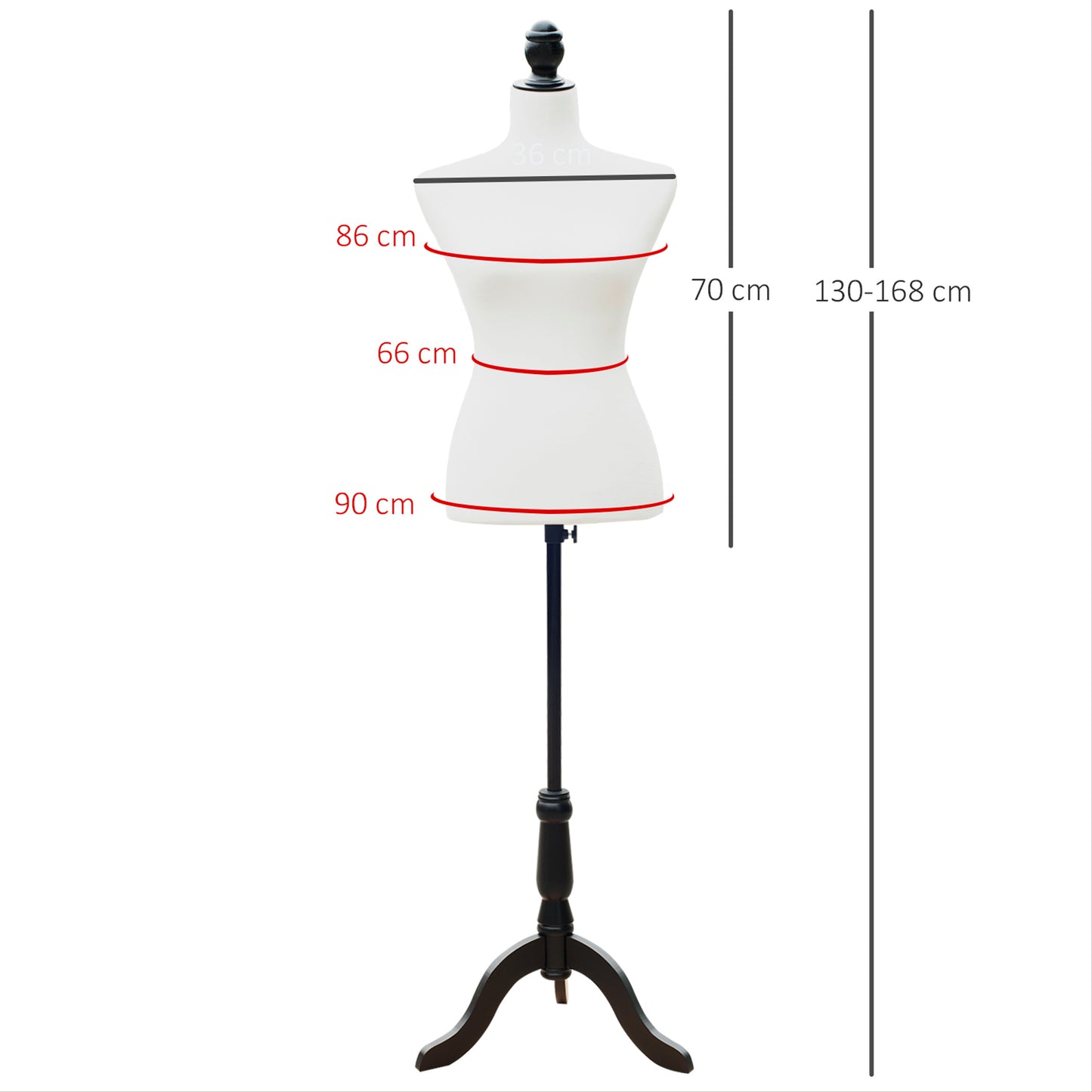 Mannequin Torso – Paspop – Kleding Dummy – Etalagepop – Dress Form – Verstelbare Hoogte 130-168 cm – Stabiele Driepoot Houten Basis – Wit