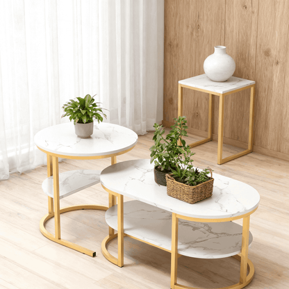 Ronde Salontafel Set – Bijzettafel – Sofa Tafel – Nestbare Tafels – Marmerlook – MDF Metalen Poten – Ruimtebesparend Design – Gouden Variant