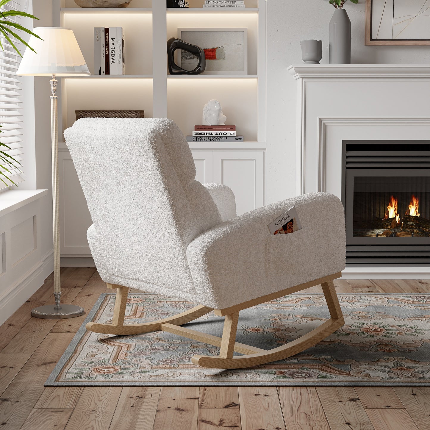 Schommelstoel – Schommelstoel Woonkamer – Relaxstoel – Schommelstoel Met Voetensteun – Lounge Stoel Wit – Wit Schapenvacht – Anti-Slip Voetjes – Comfortabele Zitting