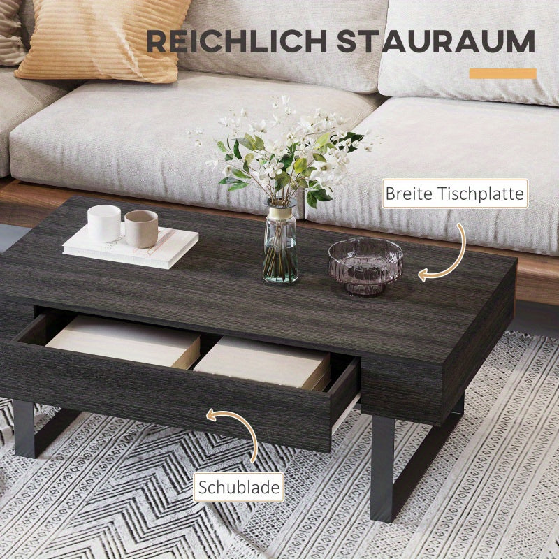 Salontafel – Bijzettafel – Koffietafel – Woonkamertafel – Tafel – Donkergrijs – Robuust Stalen Frame – Lade en Open Plank