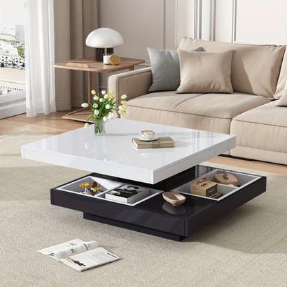 Salontafel – Koffietafel – Bijzettafel – Woonkamertafel – Lounge tafel – 360° Draaibaar – Hoogglans Wit Hardhouten Frame