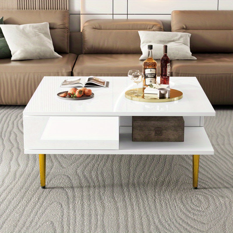 Salontafel – Koffietafel – Bijzettafel – Woonkamertafel – Tafel – Hoogglans Wit – 70x70x36 cm – Met 2 Lades en Opbergvakken – Draagvermogen 30 kg