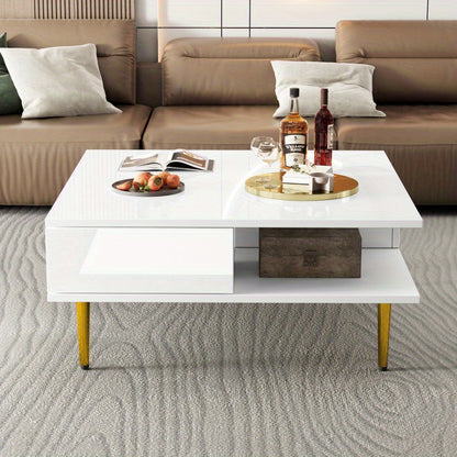 Salontafel – Koffietafel – Bijzettafel – Woonkamertafel – Tafel – Hoogglans Wit – 70x70x36 cm – Met 2 Lades en Opbergvakken – Draagvermogen 30 kg
