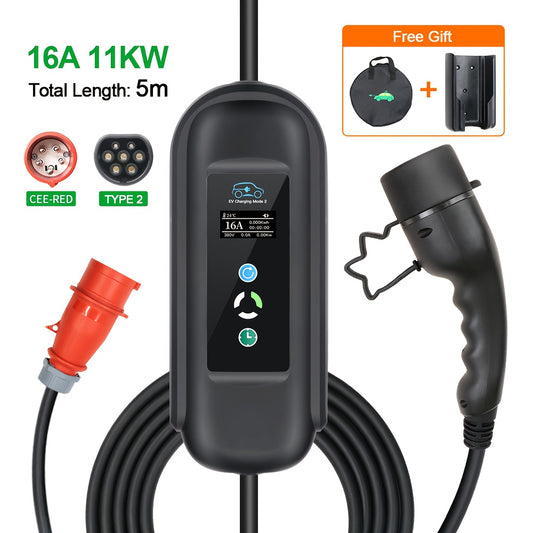ev laadkabel – oplaadkabel elektrische auto – type 2 laadkabel – mobiele laadkabel – EV oplaadkabel – 11 kW drie-fasig – 5 meter kabel met instelbare stroom en starttijd