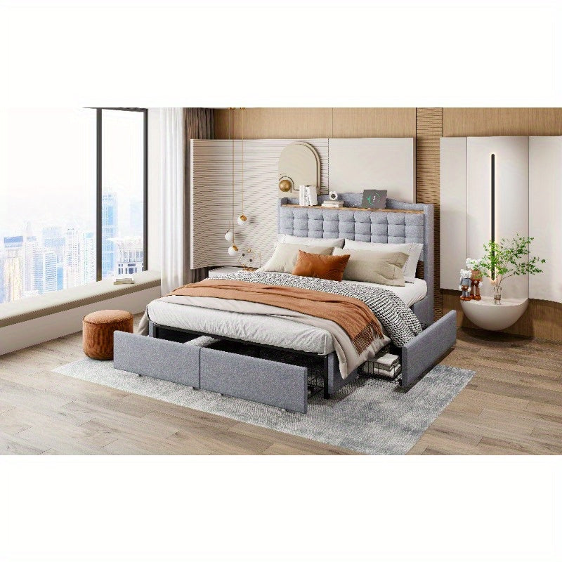 Bedframe – Bed – Bedombouw – Bedstel – Bedbodem – 140x200 cm – Duurzame Niet-Houten Constructie – Gestoffeerd Grijs Linnen