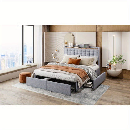 Bedframe – Bed – Bedombouw – Bedstel – Bedbodem – 140x200 cm – Duurzame Niet-Houten Constructie – Gestoffeerd Grijs Linnen