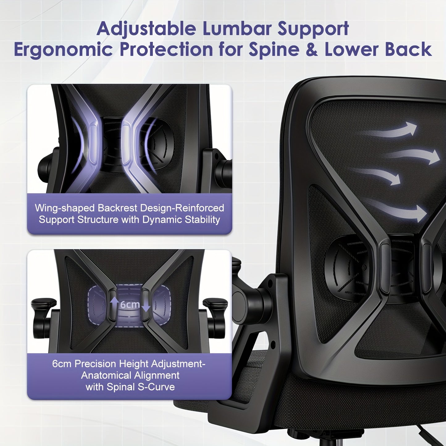 Modern Ergonomic Office Chair with Adjustable Lumbar Support, Breathable S-Shaped Backrest, Foldable Armrests, High-Density Foam Seat & Quiet 360° PU Wheels - Smooth