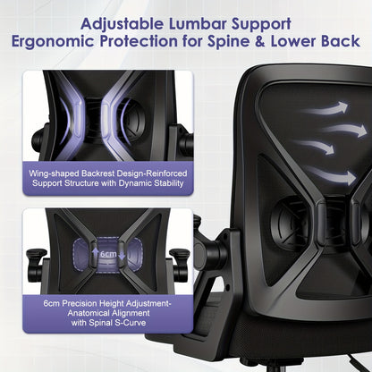 Modern Ergonomic Office Chair with Adjustable Lumbar Support, Breathable S-Shaped Backrest, Foldable Armrests, High-Density Foam Seat & Quiet 360° PU Wheels - Smooth