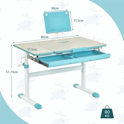 Kinderbureau – Kindertafel – Jeugdbureau – Tekentafel – Schoolbureau – Verstelbaar in Hoogte 51-73 cm – Kantelbaar Werkblad 0-60° – Opberglade Met Boekenplank – Blauw