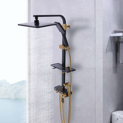 Thermostat Shower System with Lift - Wall-Mounted Thermostatic Shower Suitable for, Rainfall Shower & Handheld Shower, Heavy-Duty Copper & ABS, Temperature, Modern Bath Shower Set (Contemporary Style)