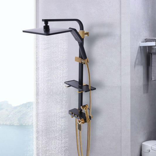Thermostat Shower System with Lift - Wall-Mounted Thermostatic Shower Suitable for, Rainfall Shower & Handheld Shower, Heavy-Duty Copper & ABS, Temperature, Modern Bath Shower Set (Contemporary Style)