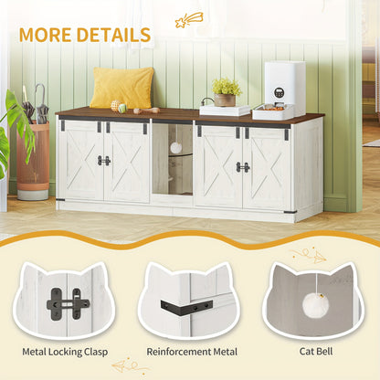 Cat Cabinet With USB Ports And Sockets, Cat Litter Box Cabinet, 140 Cm Hidden Cat Litter Box For 2 Cats, Indoor Cat House With Cat Bell, Brown-White