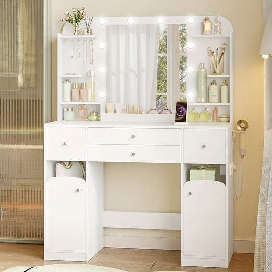 Jewelry Cabinet, Dressing Table With LED Lighting, With Plug And Hairdryer Holder, Large Tabletop 108 Cm, Dressing Table With 2 Large Drawers With Jewelry Tray, 2 Cabinets, 40 X 108 X 144 Cm, White, Jewelry Armoires - QUORE