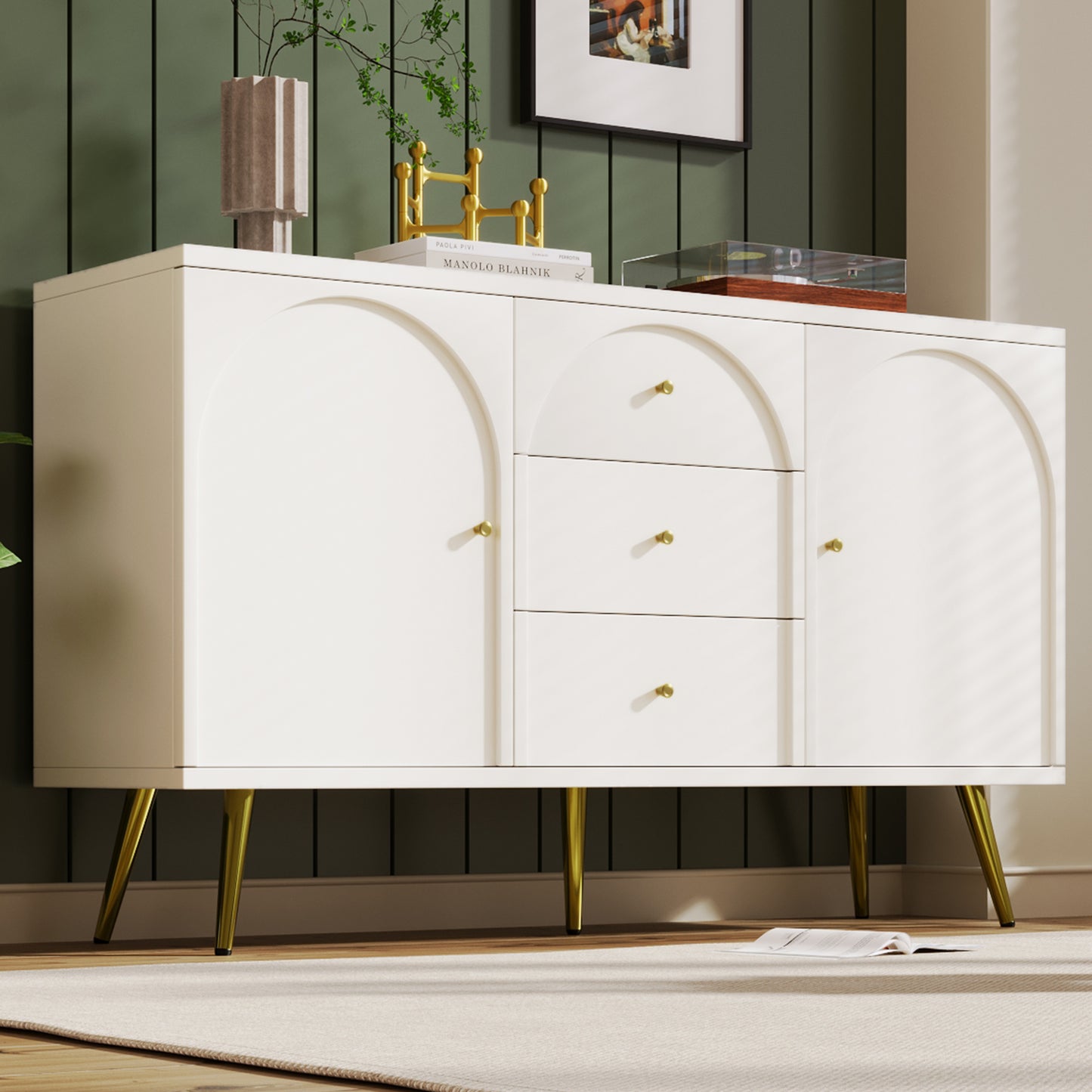 Dressoir – Kast – Ladekast – Opbergkast – Dressoir Wit – 2 Deuren en 3 Laden – Verstelbare Legplank – H84 x B140 x D40 cm
