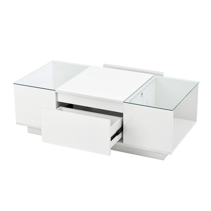 Modern Minimalist Large Coffee Table with Glass Top & Storage - White Frame, 2 Drawers, Easy Assembly, 105cm (40.5") Square Table, Metal for, Beige -Friendly Furniture - No Wood, Low-Maintenance