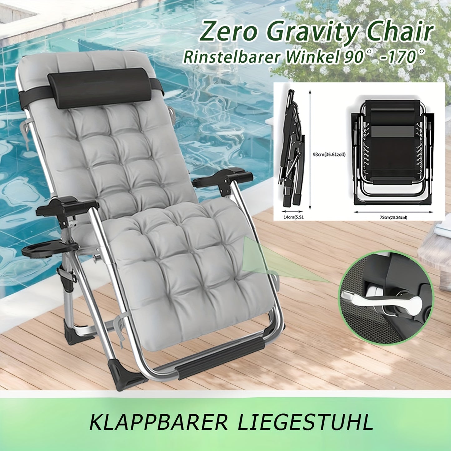 Outdoor Oversized Folding Sun Lounger, Patio Garden Chair with Cushion, Adjustable Recliner for Patio, Garden, Beach, Pool | Supports 250kg, Thick Padding & Neck Rest Pillow, Outdoor Chair, Patio Furniture, Poolside Lounger,