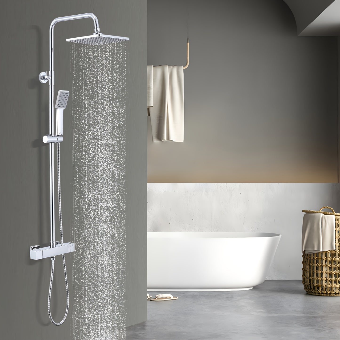 1 Set Modern Thermostatic Shower System with Rain Shower Head & Handheld Attachment - Stainless Steel & Chrome Plated, Wall-Mounted Outdoor/ Shower Set, 2-in-1 Water Modes (Rainfall & Spray), Temperature Control for Bathroom/