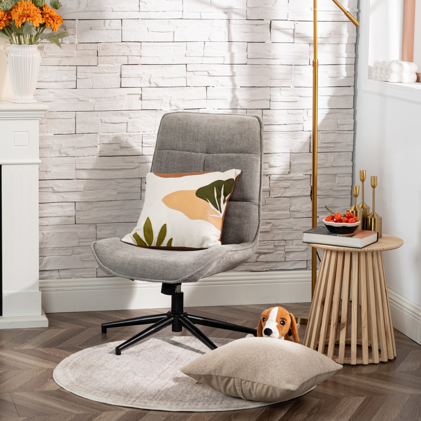 Relaxfauteuil – Lounge Stoel – Draaifauteuil – Relaxstoel – Armloos – Chenille Stof – 360° Draaibaar – Verstelbare Hoogte – Grijs – 67x61x89-95 cm
