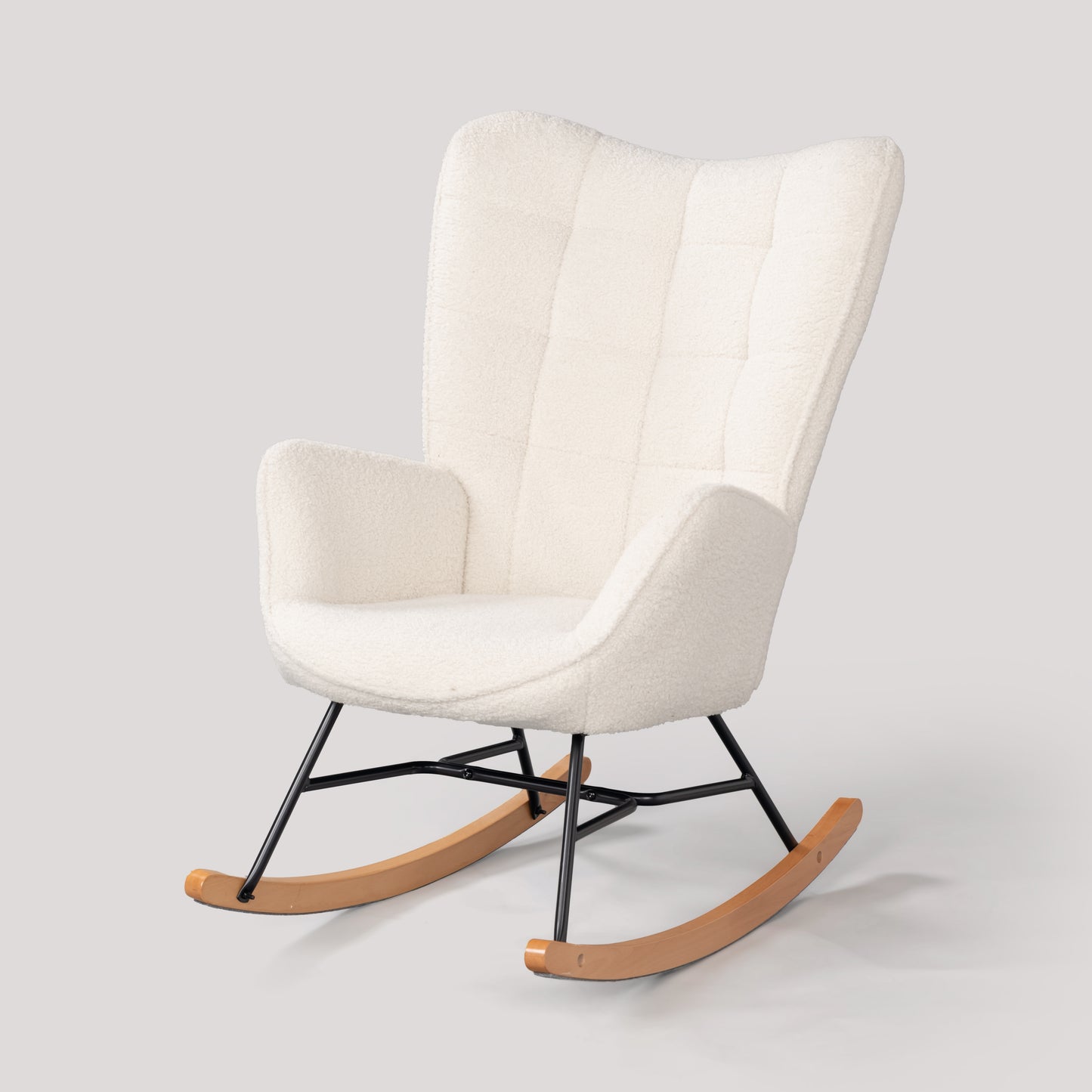 Schommelstoel – Schommelstoel Met Armleuning – Wiegstoel – Relaxstoel – Scandinavische Fauteuil – Beige – Sherpa Bekleding – Massief Beukenhout Met Metalen Frame – 84x68x99 cm