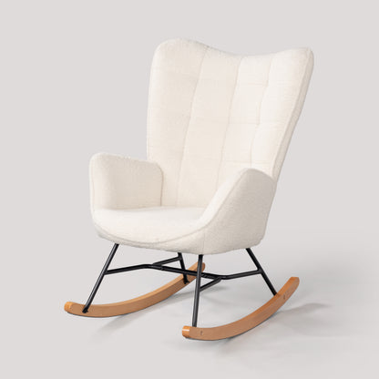 Schommelstoel – Schommelstoel Met Armleuning – Wiegstoel – Relaxstoel – Scandinavische Fauteuil – Beige – Sherpa Bekleding – Massief Beukenhout Met Metalen Frame – 84x68x99 cm