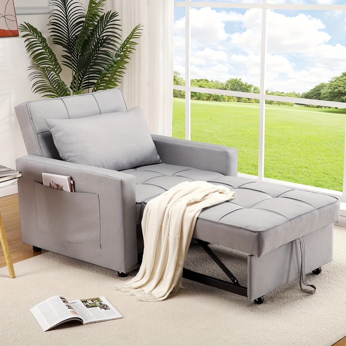 Slaapbank – Bedbank – Slaapstoel – Zetelbed – Slaapfauteuil – Lichtgrijs Linnen – 3-in-1 Multifunctioneel – 86x192 cm Uitklapbaar