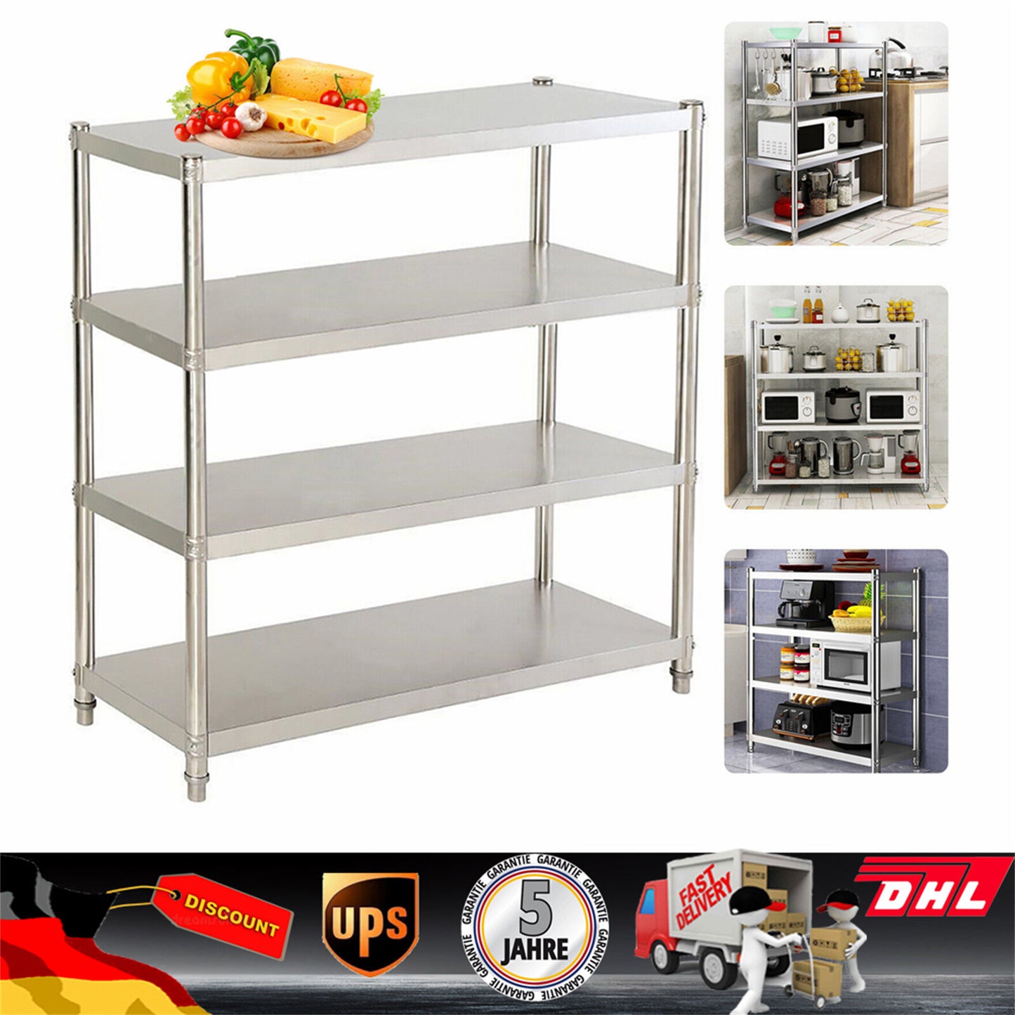 Keukenrek – Opbergrek – Gootsteenkast Organizer – Keukentrolley – Keukenorganizer – RVS Staal – 4 Niveaus – Max. 50 kg Draagvermogen
