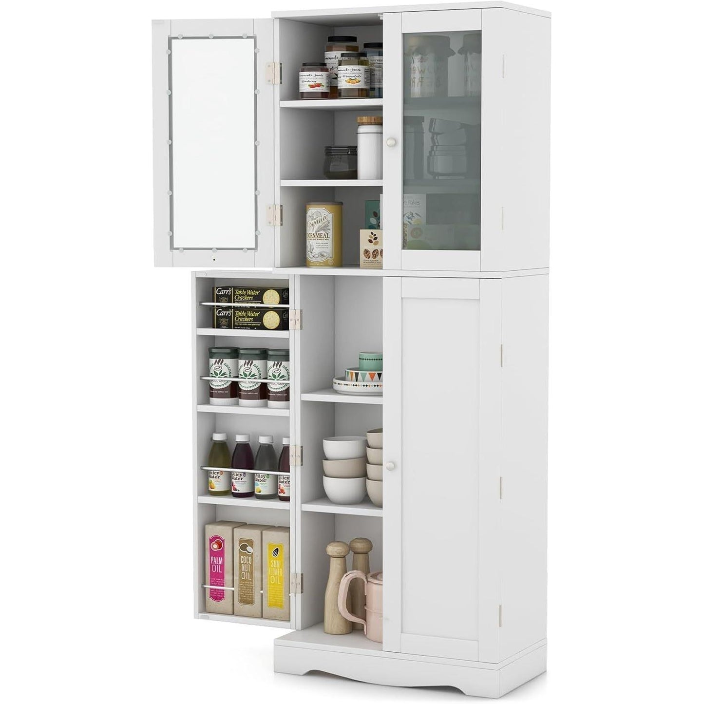 Keukenkast – Keukenbuffet – Opbergkast – Dressoir – Vrijstaand – Wit – 2 Deuren – 14 Planken – MDF En Veiligheidsglas – Compact 60x31,5x161,5 cm
