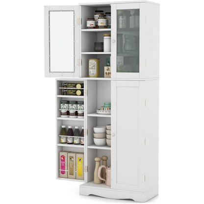 Keukenkast – Keukenbuffet – Opbergkast – Dressoir – Vrijstaand – Wit – 2 Deuren – 14 Planken – MDF En Veiligheidsglas – Compact 60x31,5x161,5 cm