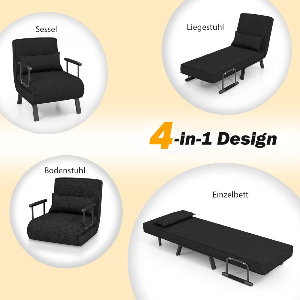 4-in-1 Slaapbank – Opvouwbare Bank – Relaxstoel – Ligstoel – Eenpersoonsbed – Verstelbare Rugleuning – Linnen Bekleding – Compact & Multifunctioneel