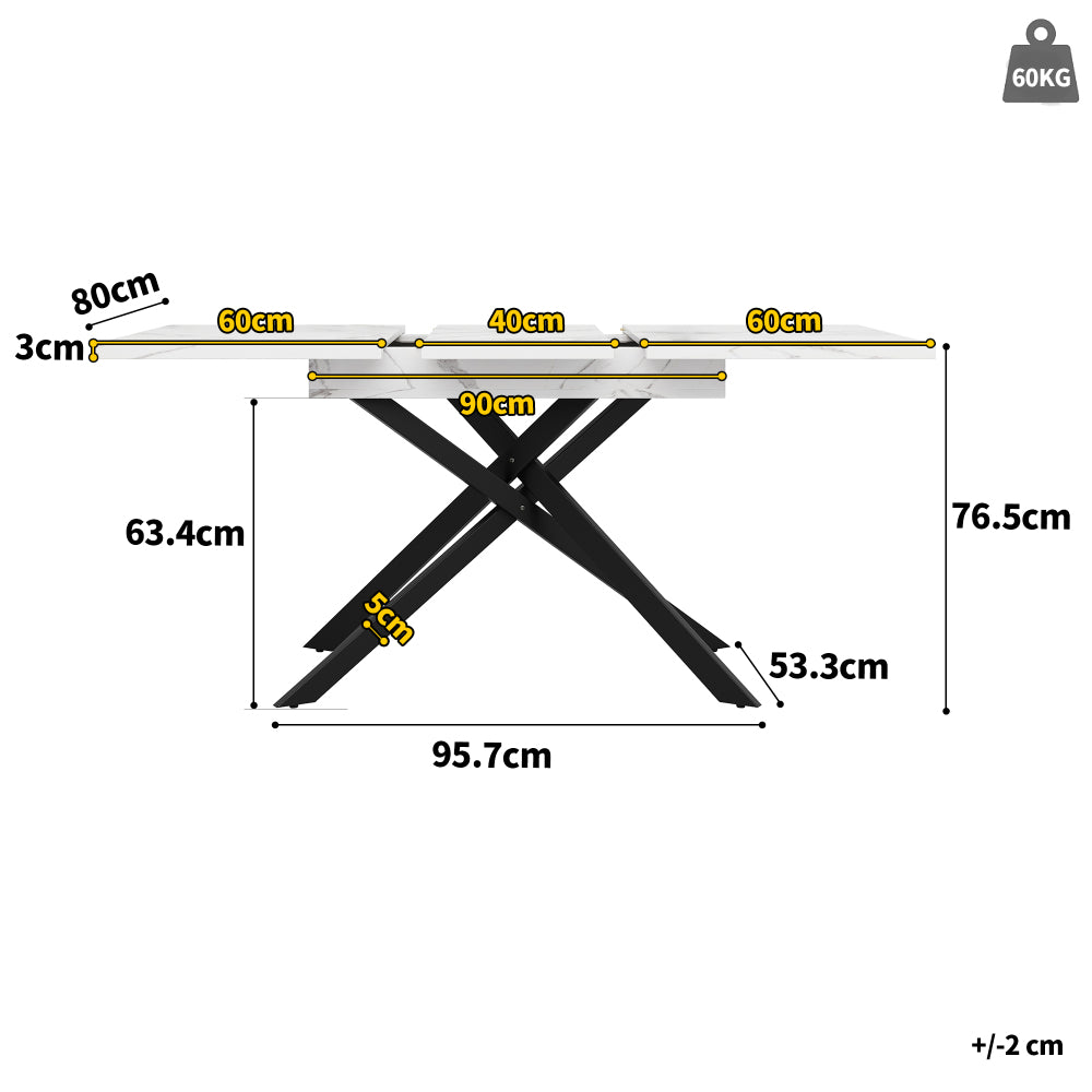 Uitschuiftafel – Inklaptafel – Klaptafel – Vouwtafel – Eettafel – Verstelbaar 120-160 cm – Wit Marmerlook – Zwarte Kruisframe Poten