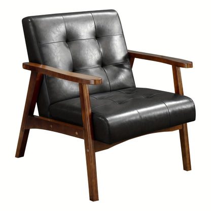 Mid-Century Fauteuil – Armstoel – Eetkamerstoel – Bureaustoel – Designstoel – Zwarte Kunstleren Bekleding – Massief Beukenhout Frame